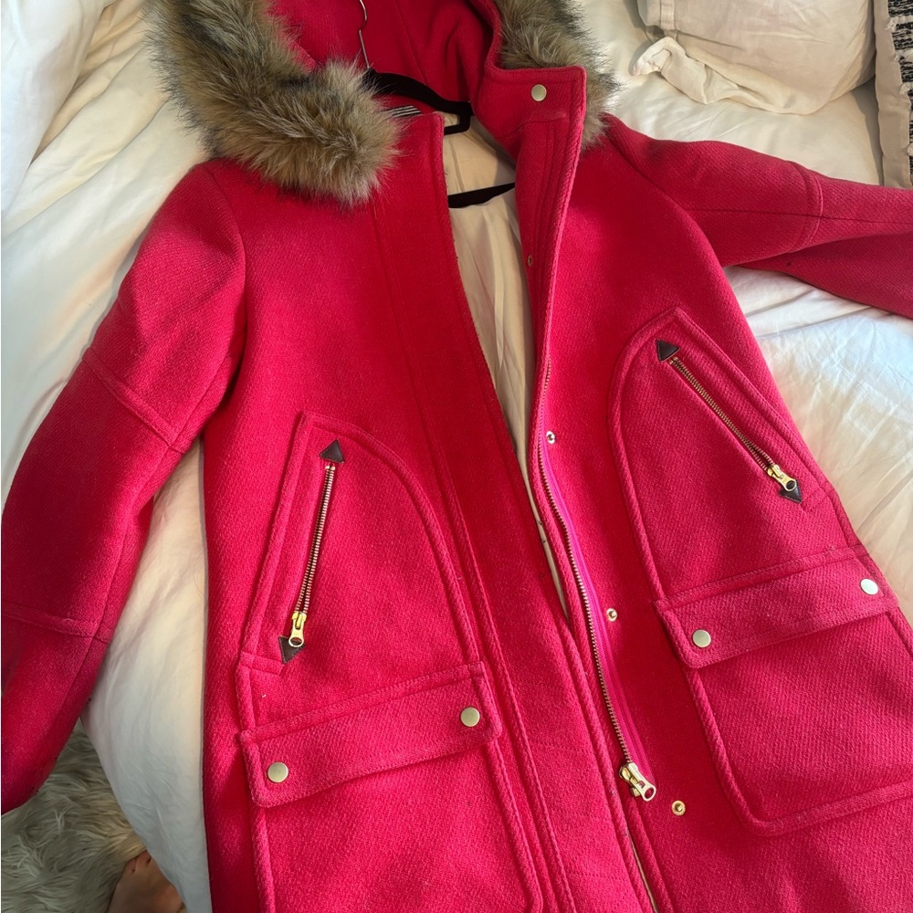 J Crew Red Italian Wool Cocoon Coat with fur hood